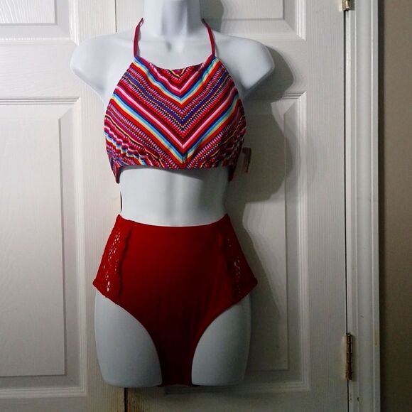 Mossimo 2 pc striped solid maroon bottom bikini bathing suit swimsuit Sz M/L NWT - Picture 1 of 7